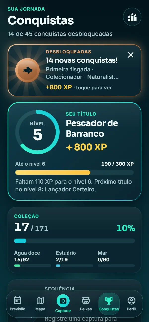 Tela de conquistas do app: nível 5, Pescador de Barranco, com 800 pontos de experiência