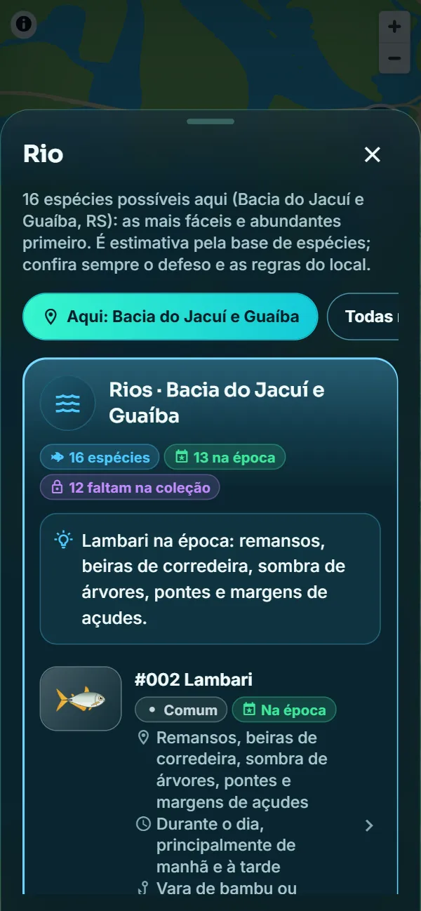Mapa da pesca no app: toque no rio e veja os peixes possíveis, os mais fáceis primeiro