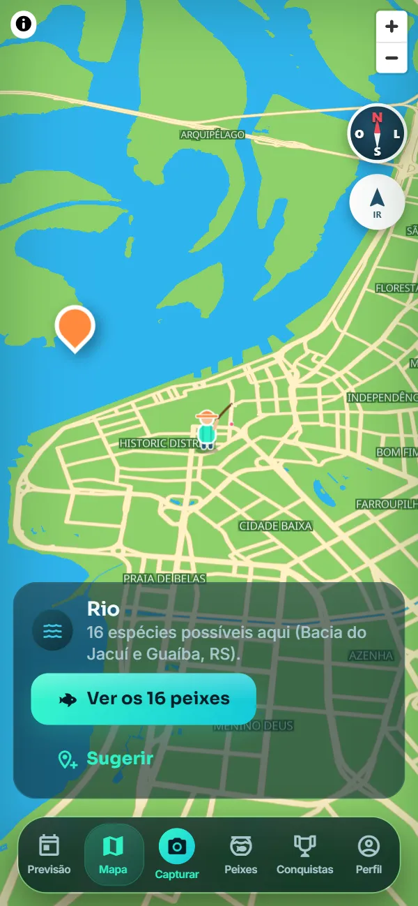 Mapa da pesca do app: o pescador às margens do Guaíba, em Porto Alegre, e 16 espécies possíveis no ponto tocado