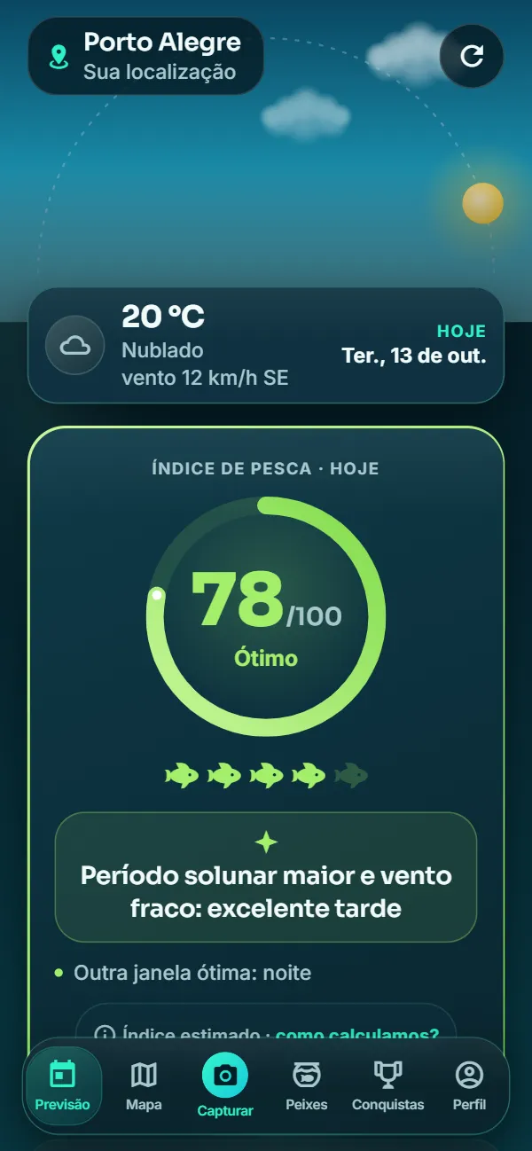 Previsão de pesca no app: nota do dia, melhores horários e fatores do tempo